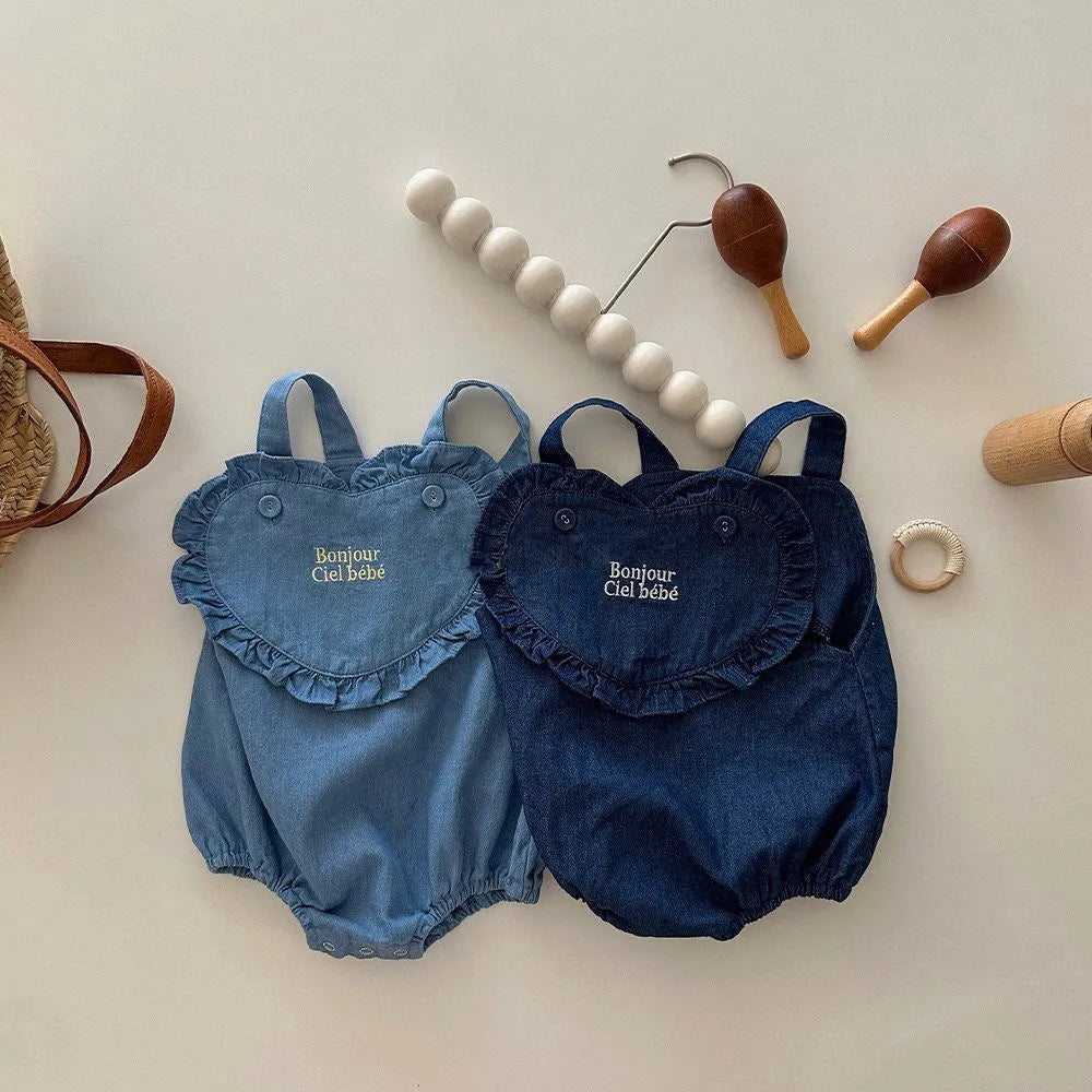 Newborn pure cotton denim triangle romper jumpsuit in dark blue and light blue, sleeveless pullover style, sizes 66-100cm