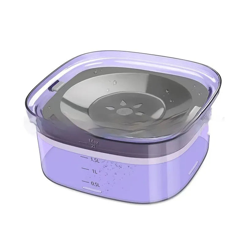 Transparent plastic pet water bowl with floating disc showing water level and non-slip base