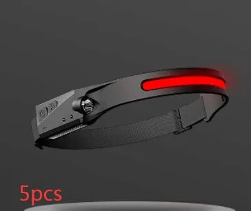 Black silicone USB rechargeable LED headlamp with side wave sensor, showing wide beam and long-range lighting.