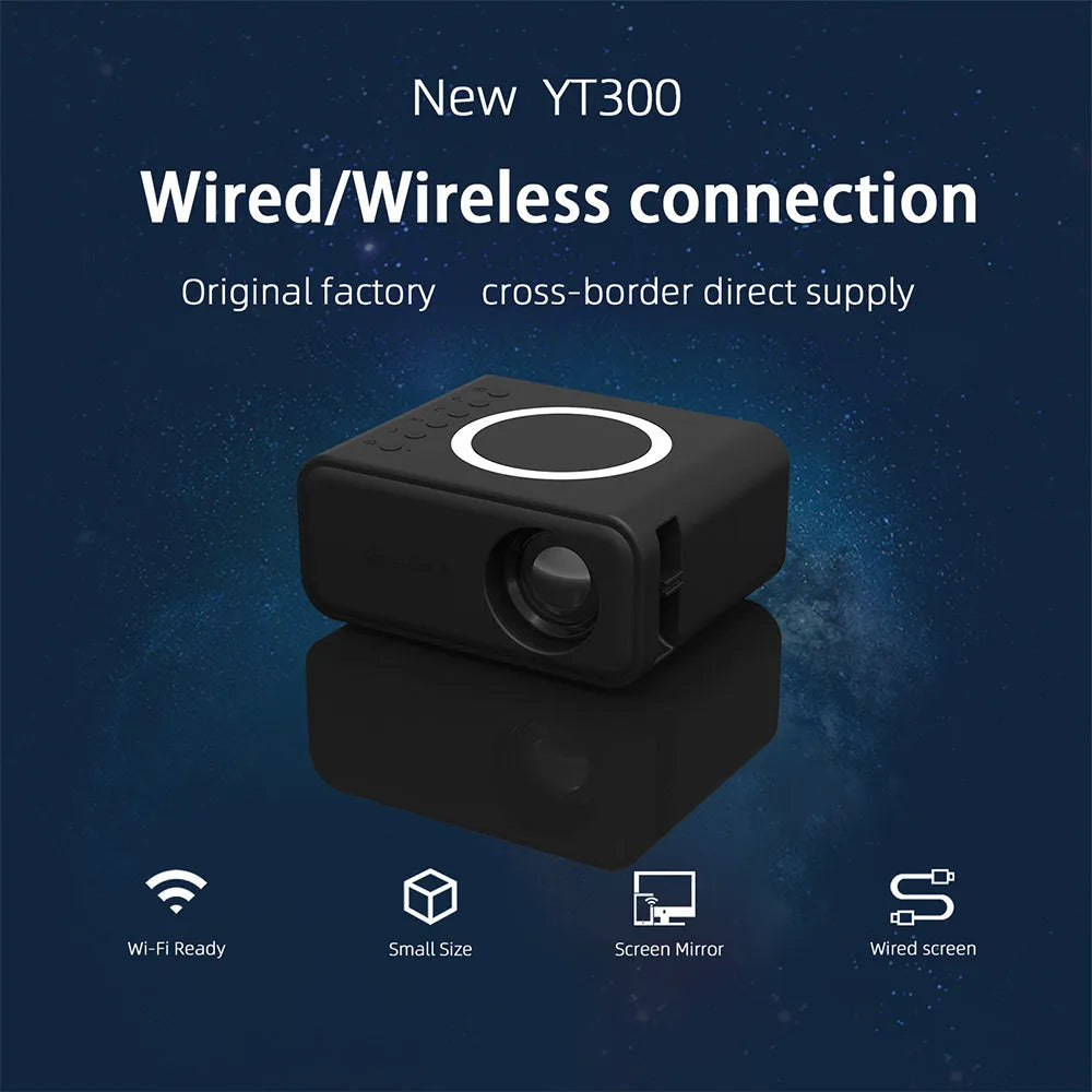 YT300 black or white portable mini projector with remote control on a table