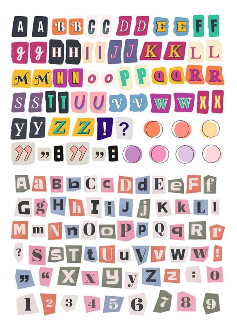 Sheet of cute style decorative stickers showing printed English alphabet letters and weekly words.