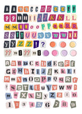 Sheet of cute style decorative stickers showing printed English alphabet letters and weekly words.