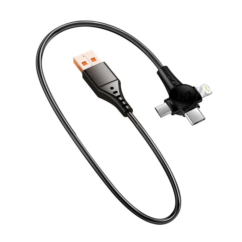 Black spring telescopic charging cable with Type-C, Lightning and Micro USB connectors extended to 1.5 metres