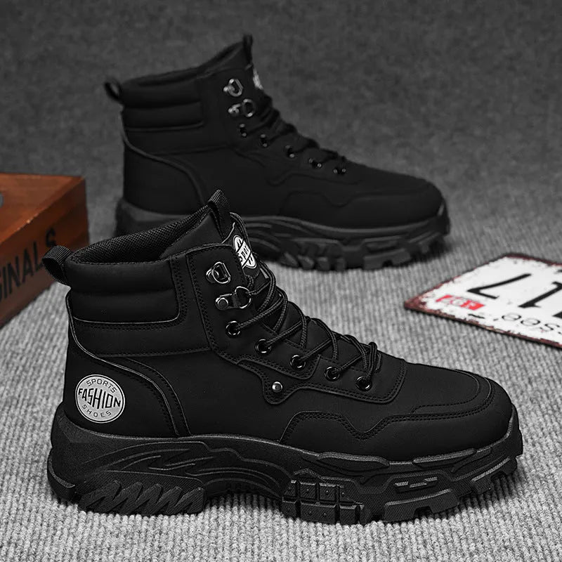 Men's black and yellow Martin boots with a mid-height heel and high-top design.