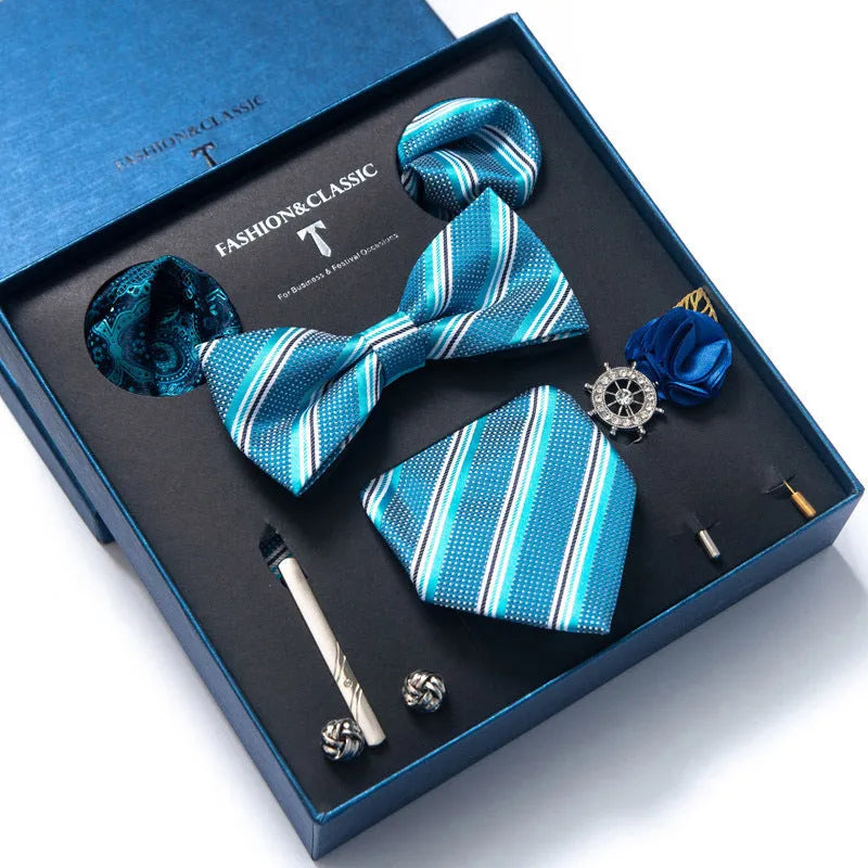 Men's 8-piece rayon jacquard bow tie set, heart shape arrow style, monochrome pattern, 146cm length