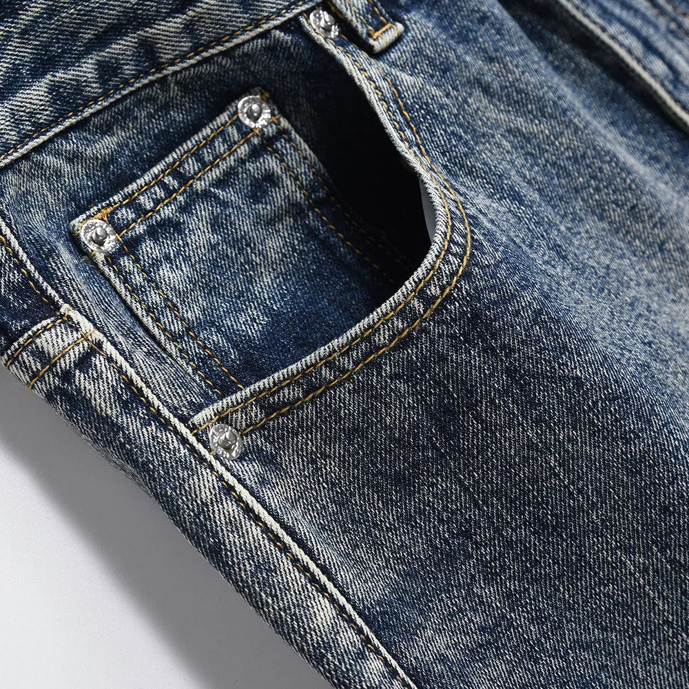 Men's blue denim punk loose straight trousers flat lay