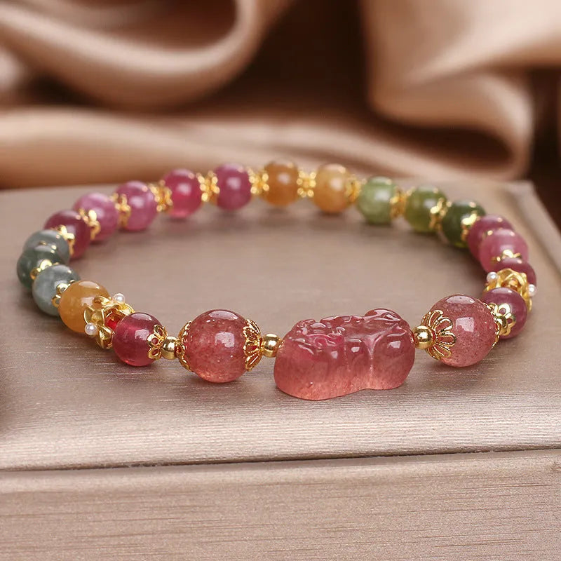 Women's strawberry quartz and pink tourmaline bracelet with electroplated metal chain, 17 cm length