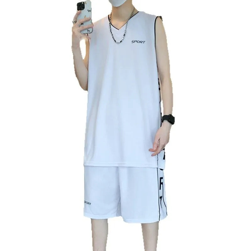 Men's black polyester basketball sports suit consisting of a sleeveless vest top and matching shorts.