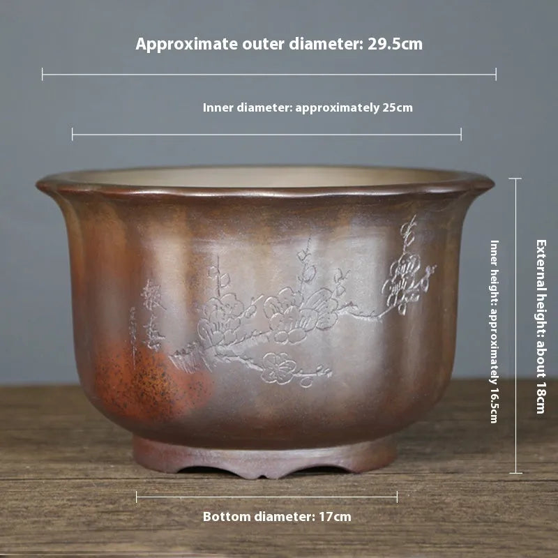 Antique carved purple sand ceramic flower pot with wood burning pattern for indoor plants