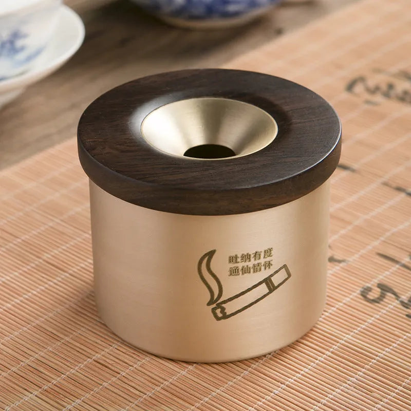 Retro brass ashtray with wooden lid and centre hole, solid copper construction for indoor smoking