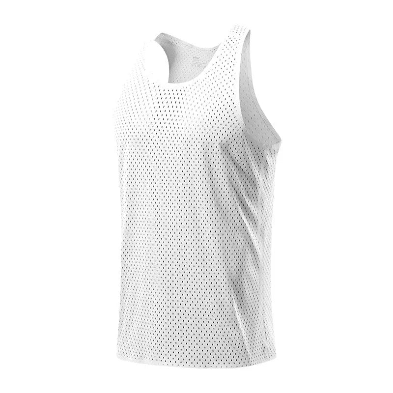 Men's solid colour sleeveless sports vest in polyester fabric on a plain background