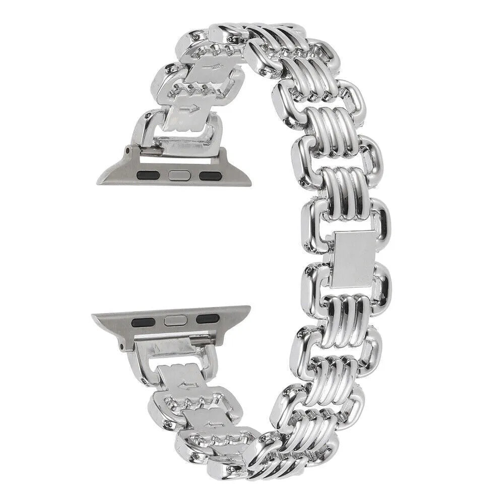 Alloy metal Apple Watch replacement band with adjustable stainless steel clasp in multiple colour options