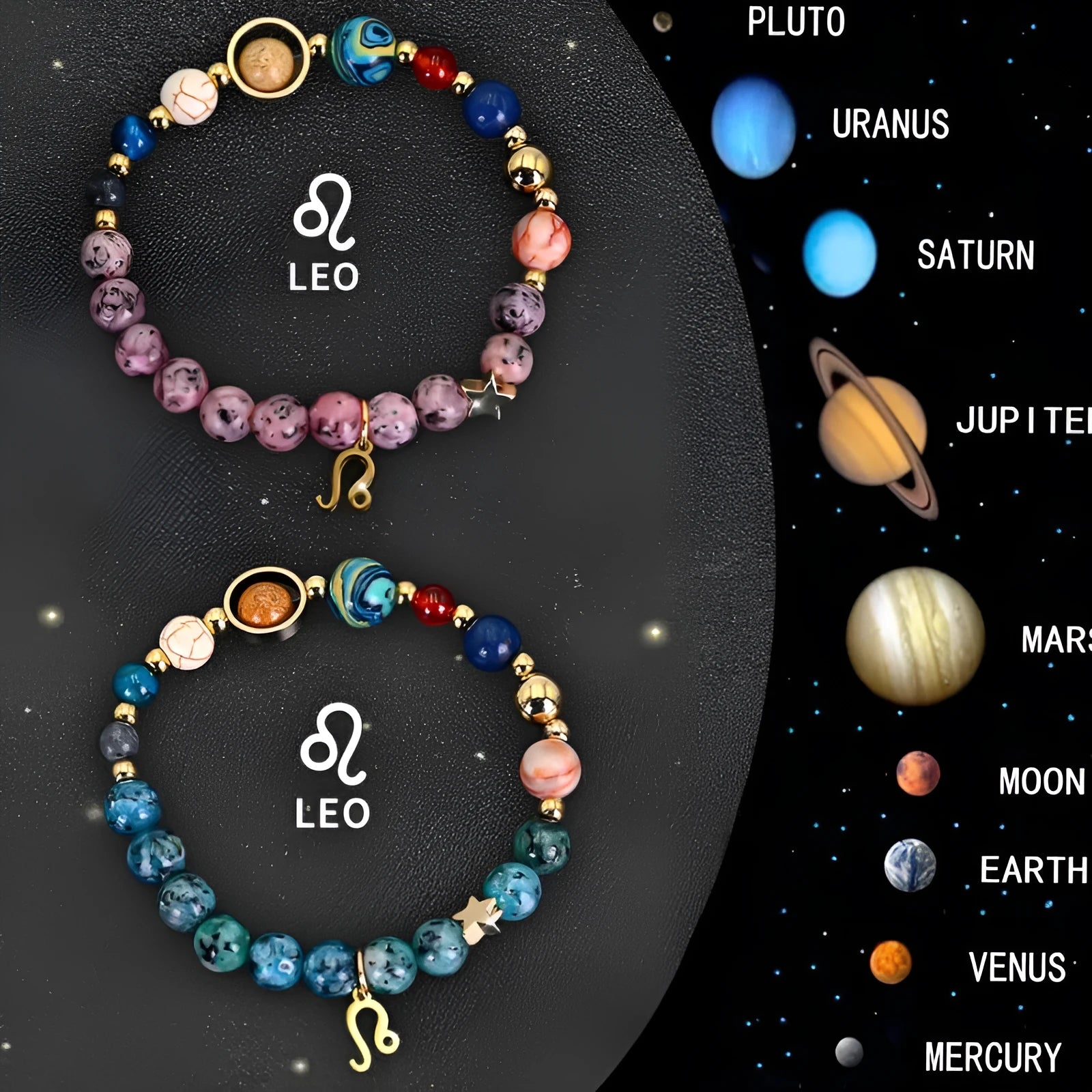 Two natural stone beaded bracelets with zodiac charms on a table.
