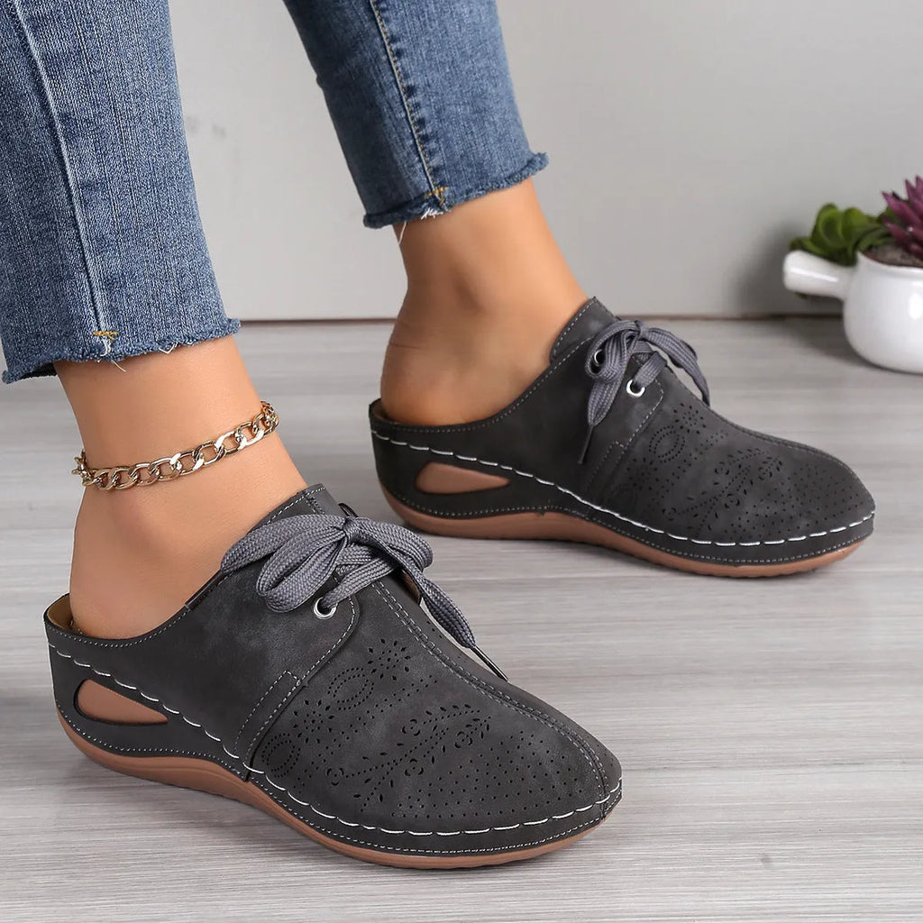 Women's lace-up baotou slippers with hollow out wedge design in suede with rubber sole