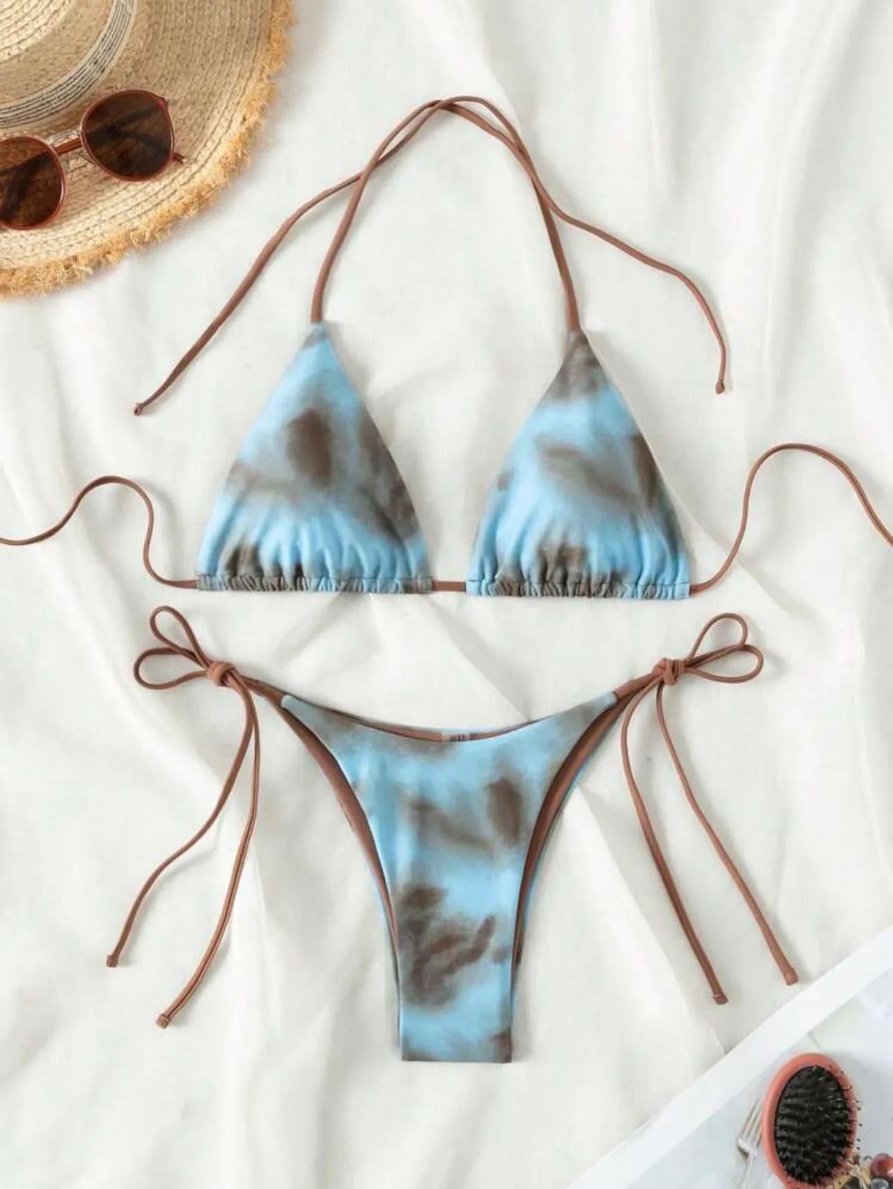 Women's two-piece lacing bikini set in brown and yellow polyester fabric