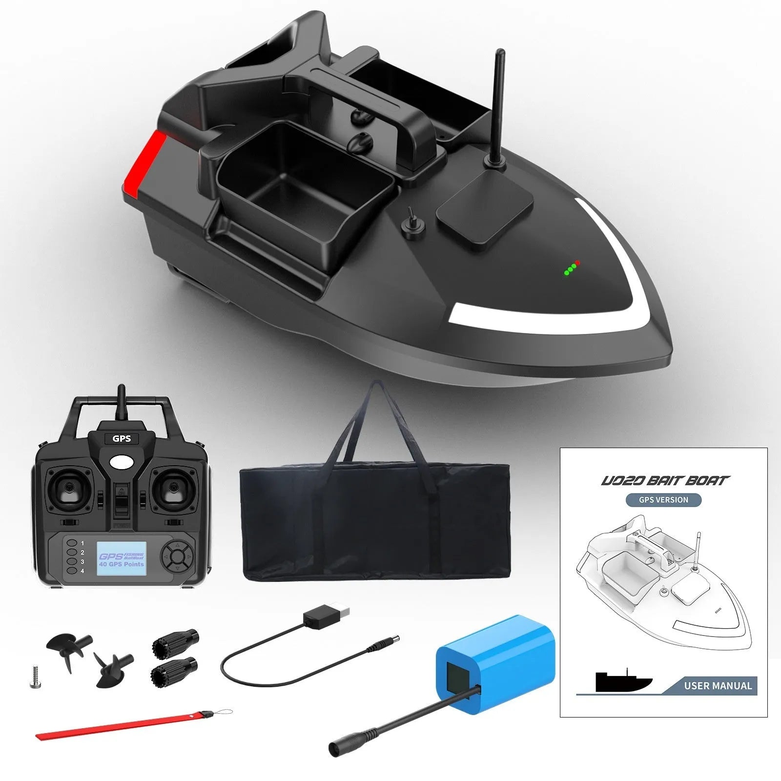 Black and luminous yellow remote control GPS fishing boat with LED light on calm water.