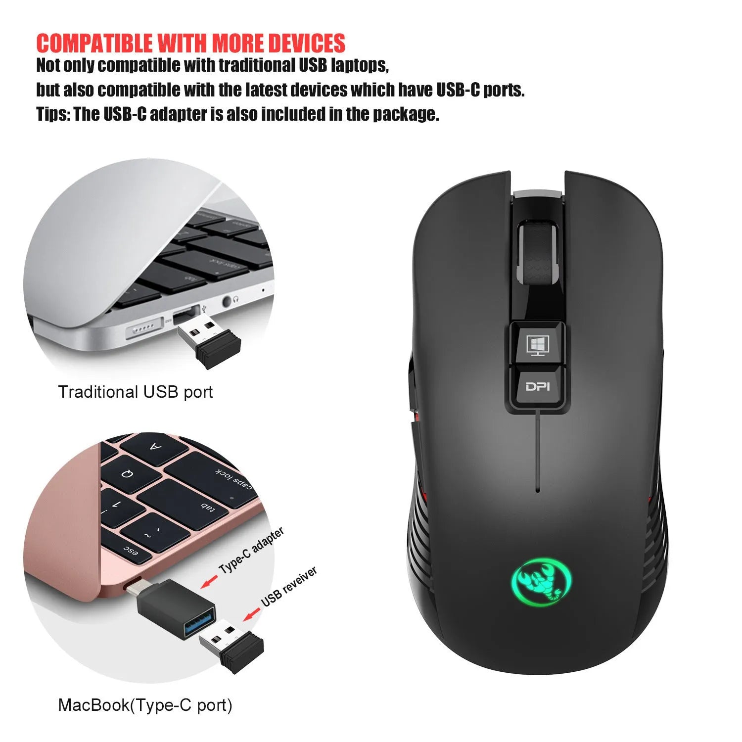 Black wireless gaming mouse with RGB lighting showing adjustable DPI buttons and ergonomic design