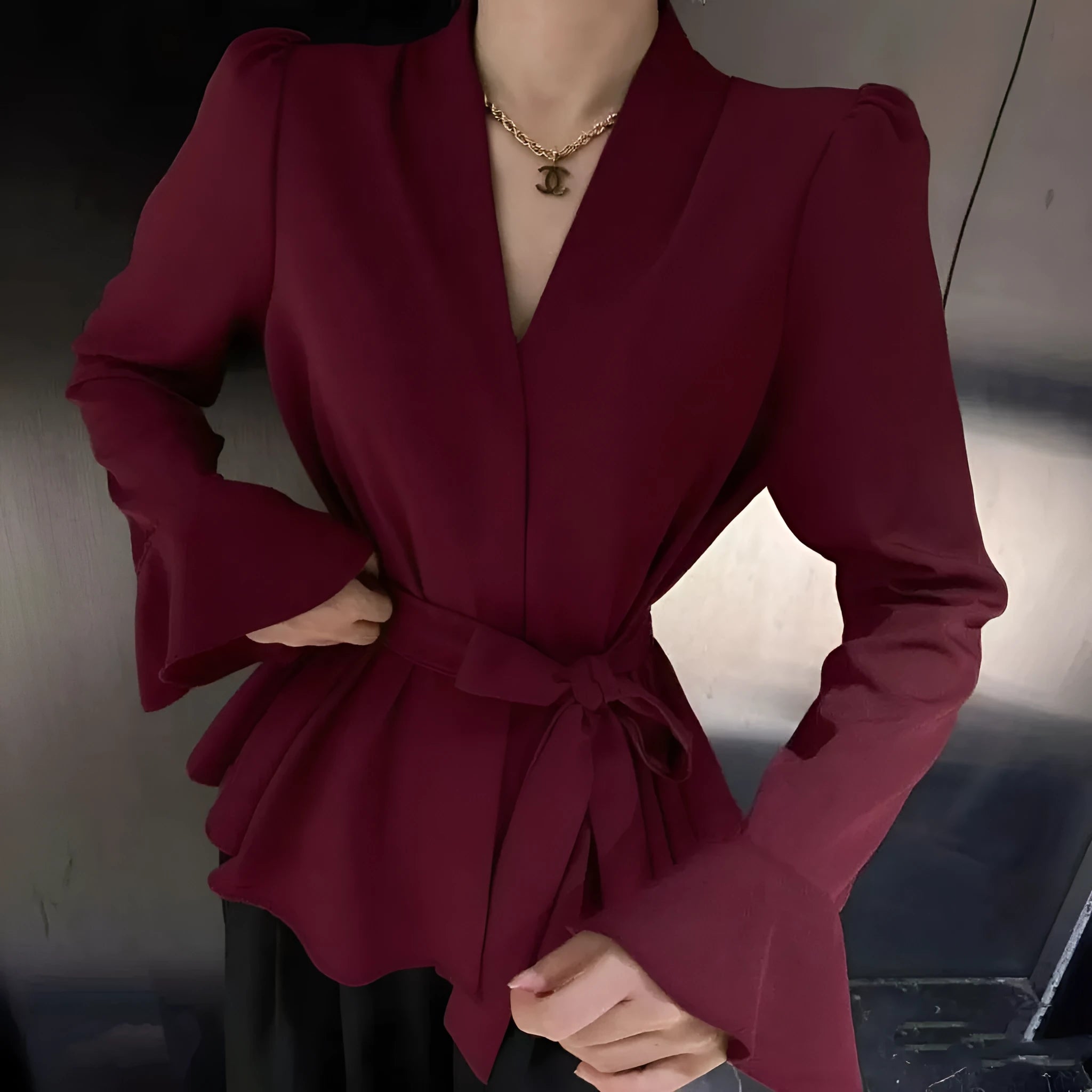 Women's French-style shirt with irregular collar, bell sleeves and tied front detail