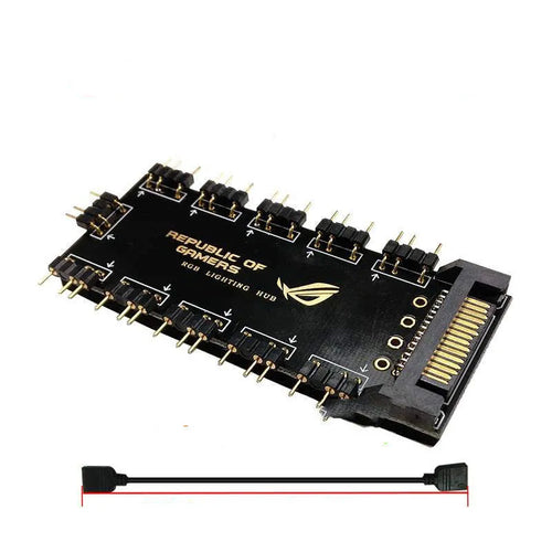 Black AURA RGB 10-port hub with SATA power cable for PC addressable RGB lighting control.