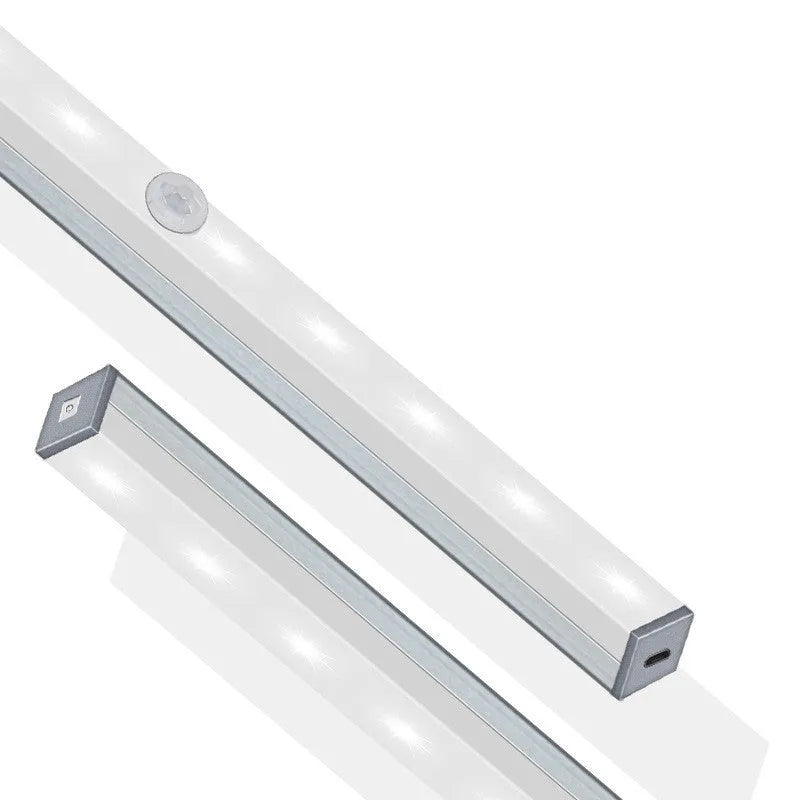Silver aluminium magnetic LED closet light with motion sensor and USB charging port.