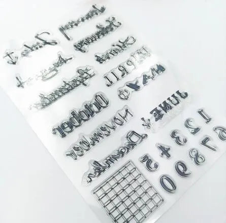Transparent silicone vintage calendar stamp seal on a white background.