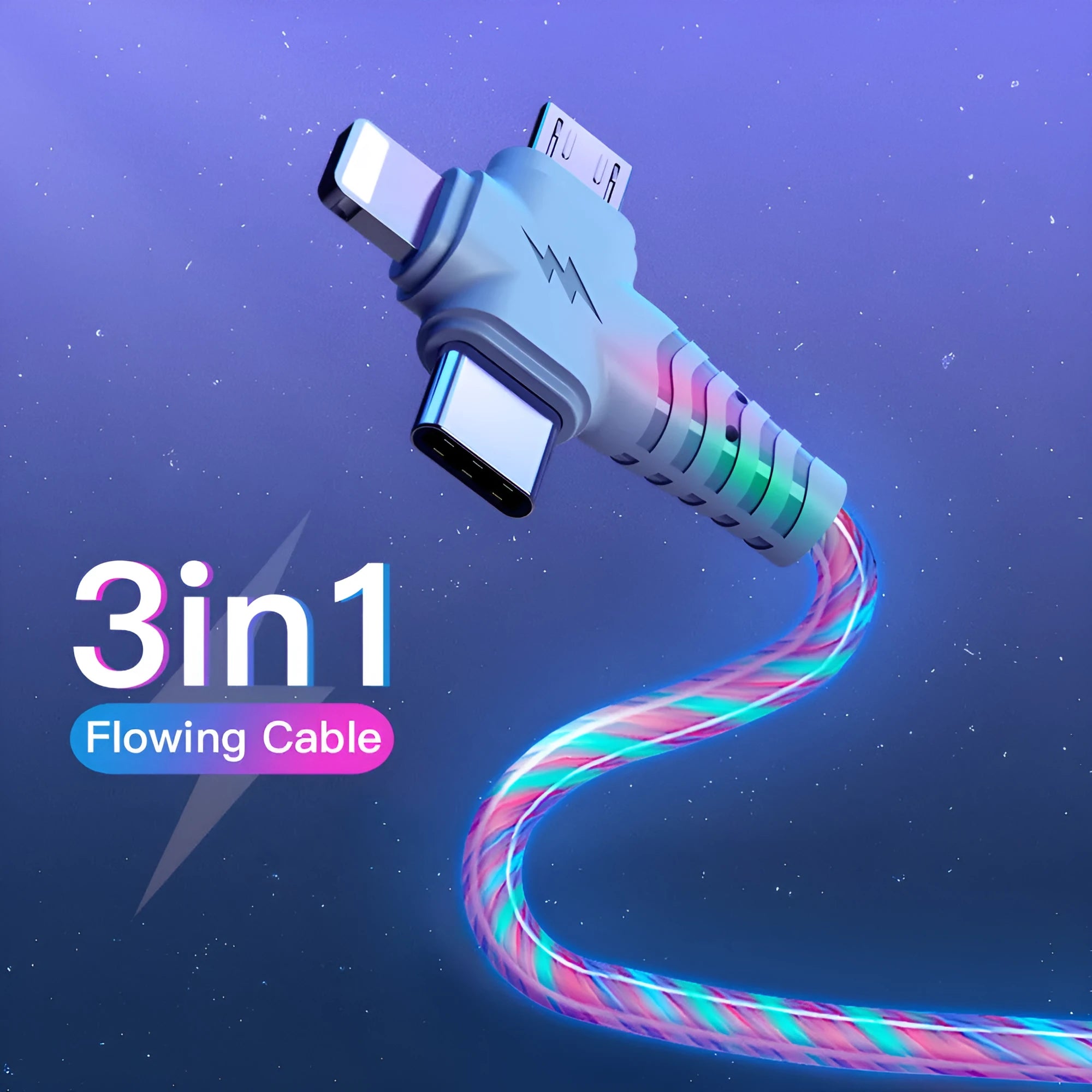 Three-in-one fast charging cable with luminous alloy connectors showing Type-C and Micro USB ends