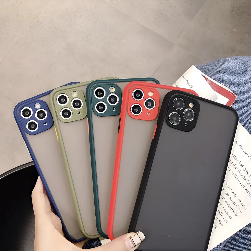 Transparent solid-colour shockproof iPhone case showing soft TPU sides and hard PC back, compatible with multiple models.