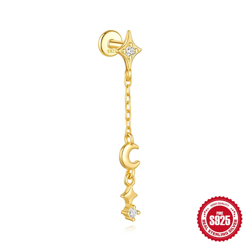 S925 sterling silver moon and star earrings with embedded diamond accents in a gold colour finish.