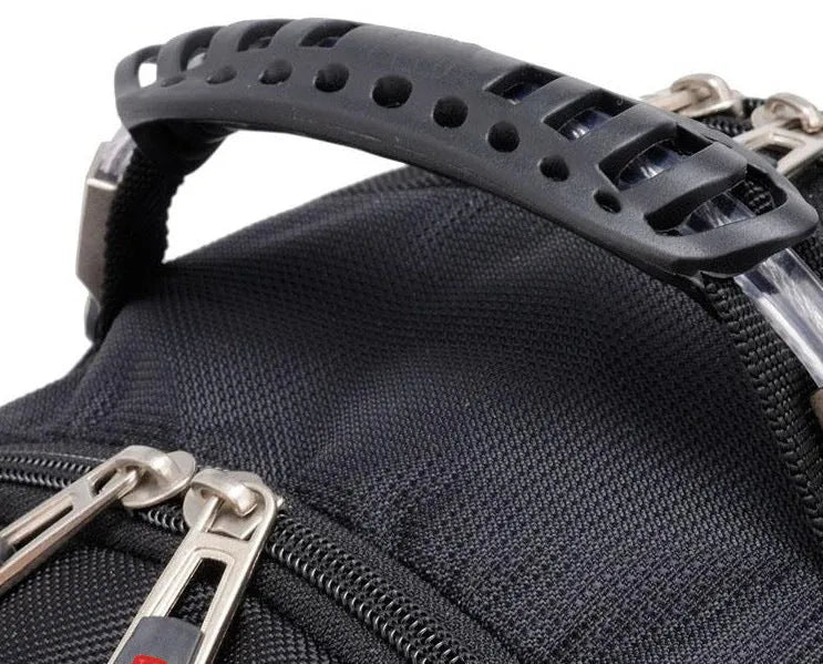 Black business backpack with multiple compartments open, showing padded laptop sleeve and organiser pockets.