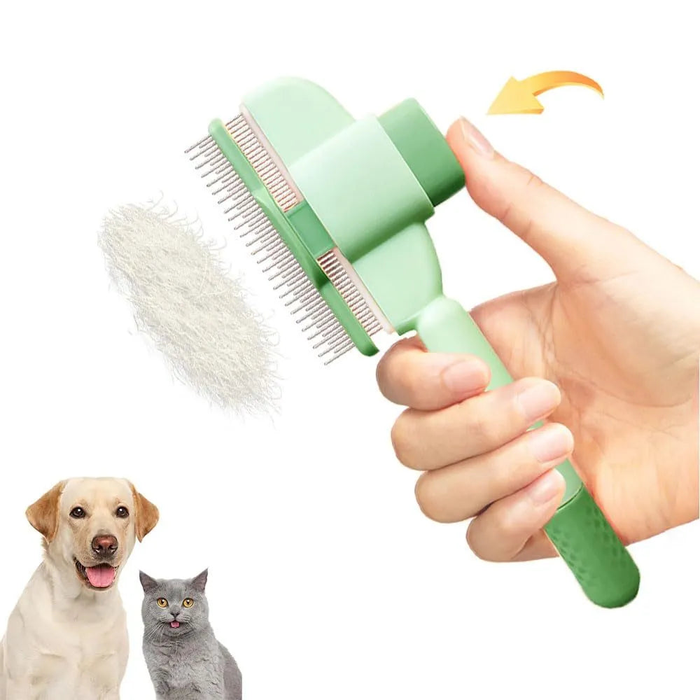 Green self-cleaning pet comb for dogs and cats with stainless steel teeth on a white background.