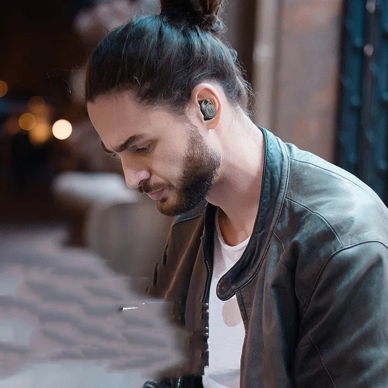 Wireless Bluetooth headset earbud style in black with battery display