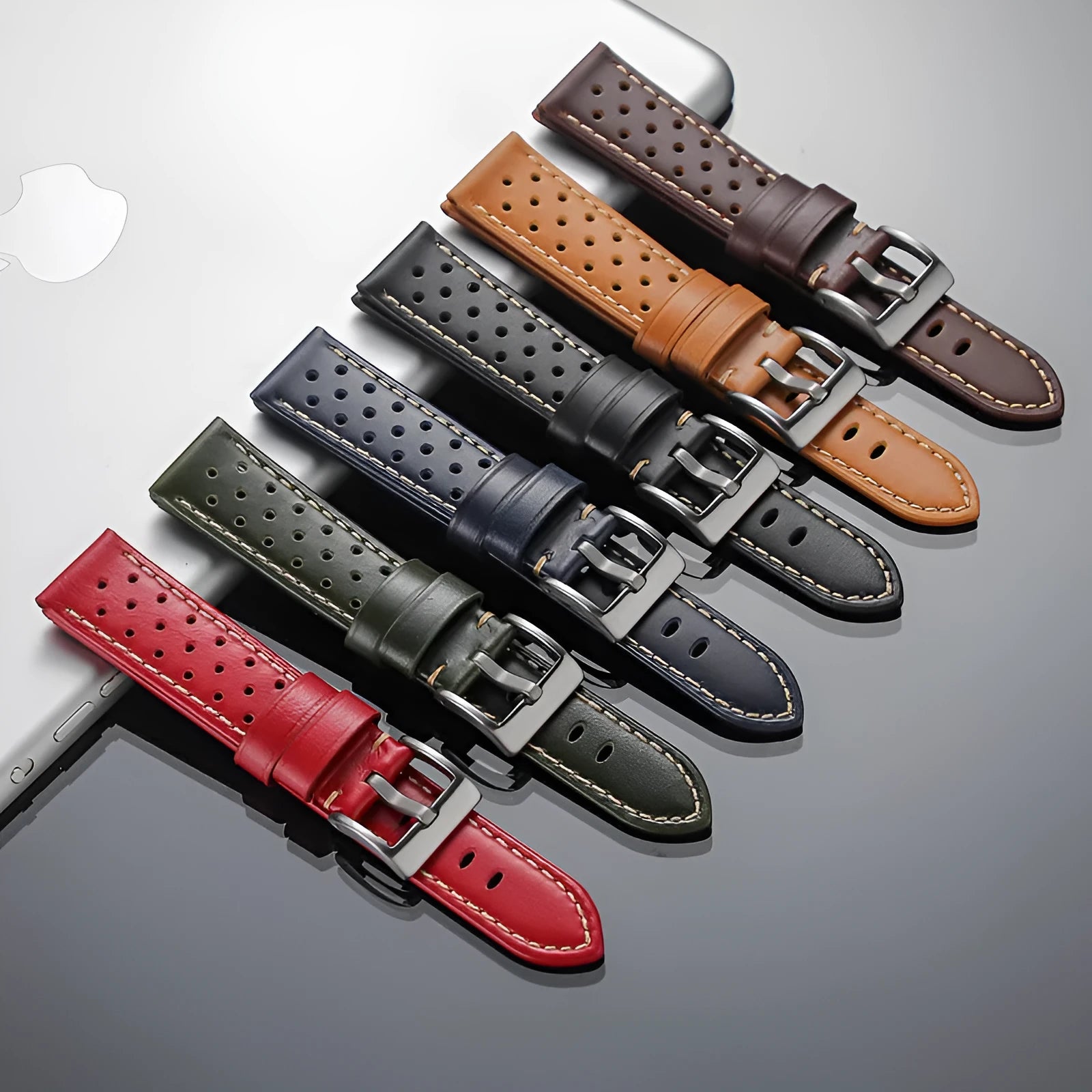 New business hollow-out first layer cowhide watch strap in six colour options on white background