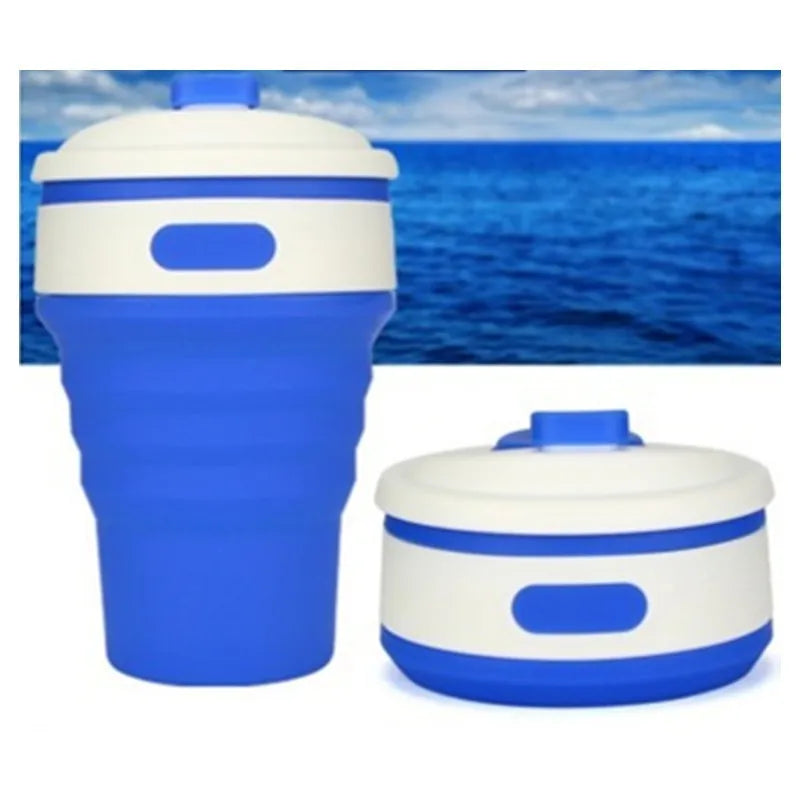 Green collapsible silicone travel mug shown expanded and folded to 6cm height