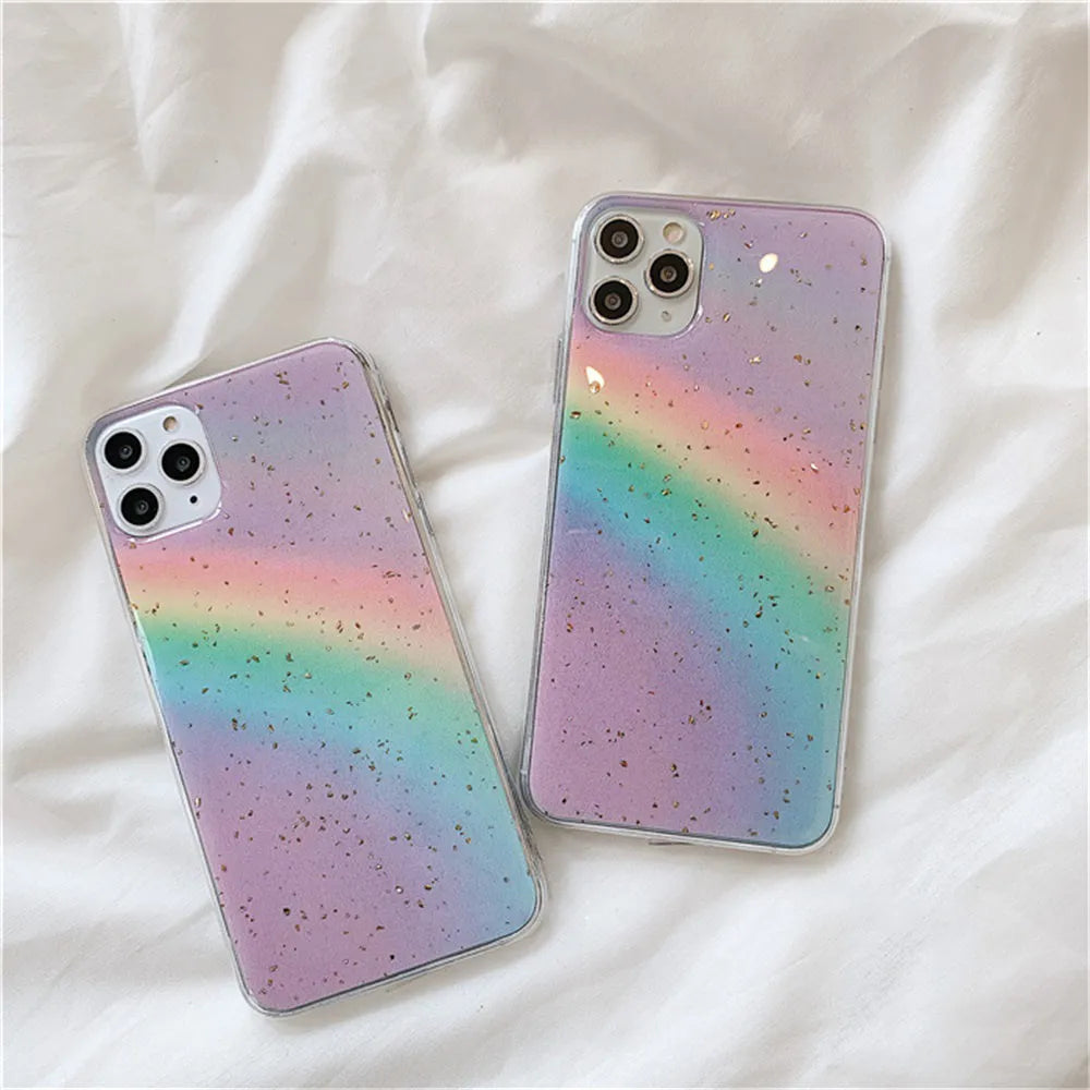 Rainbow gradient TPU phone case with striped design on an iPhone.