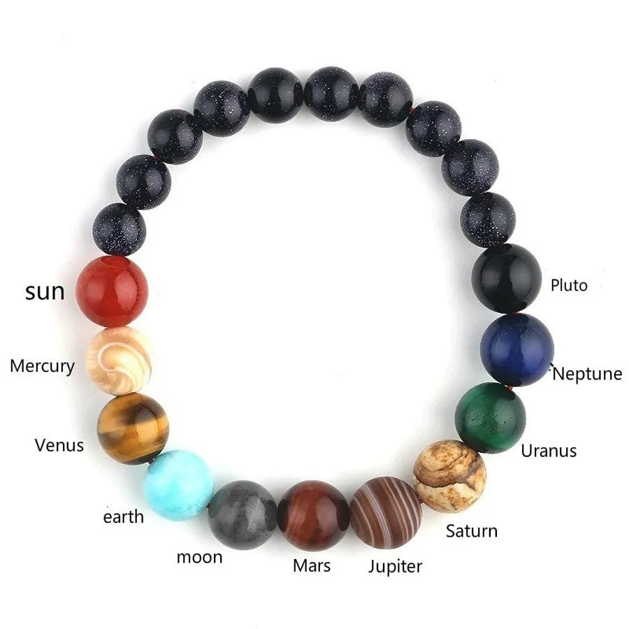 Eight planets natural stone beaded bracelet on wrist, 19cm elastic unisex design