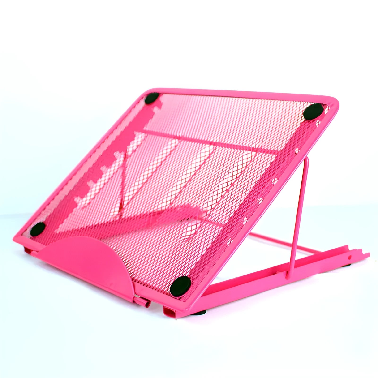 Adjustable cold-rolled steel laptop and tablet stand in black, shown in a raised position.