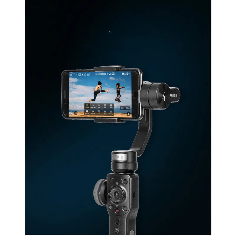 Black handheld smartphone video stabilizer gimbal for mobile phone filming
