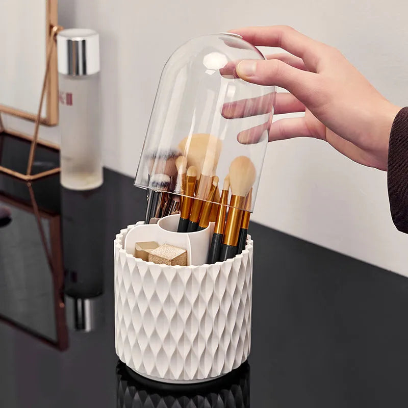 White acrylic makeup brush holder with transparent cover and rotating base for desktop storage