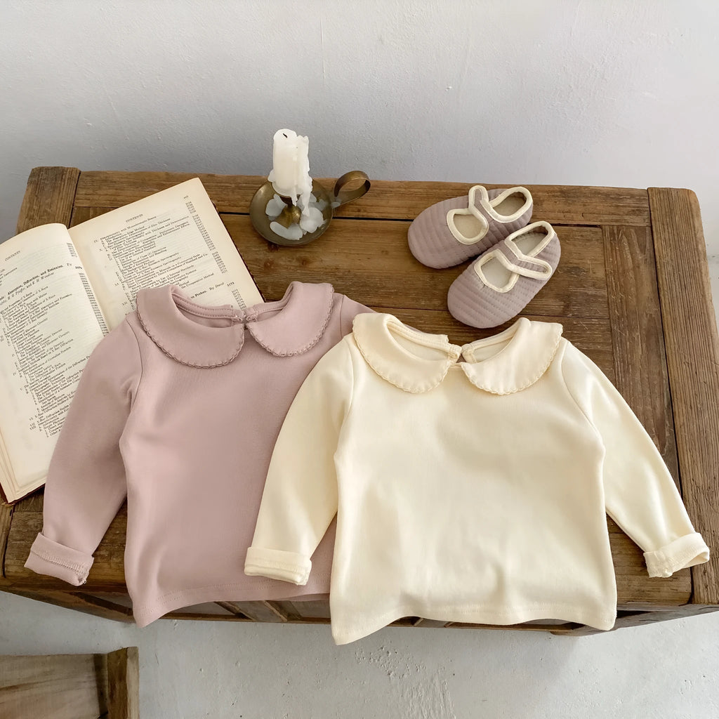 Peter Pan collar long-sleeve top and trousers two-piece set in apricot cotton velvet for girls