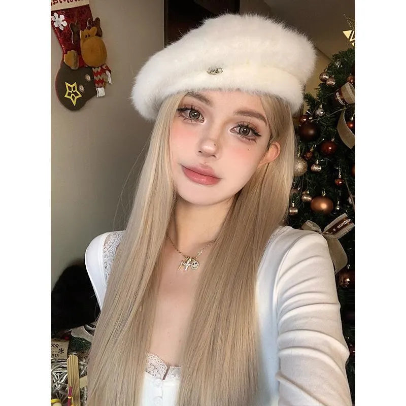 Full hair type women's long straight Milk Tea Gold wig on mannequin head with matching hair net
