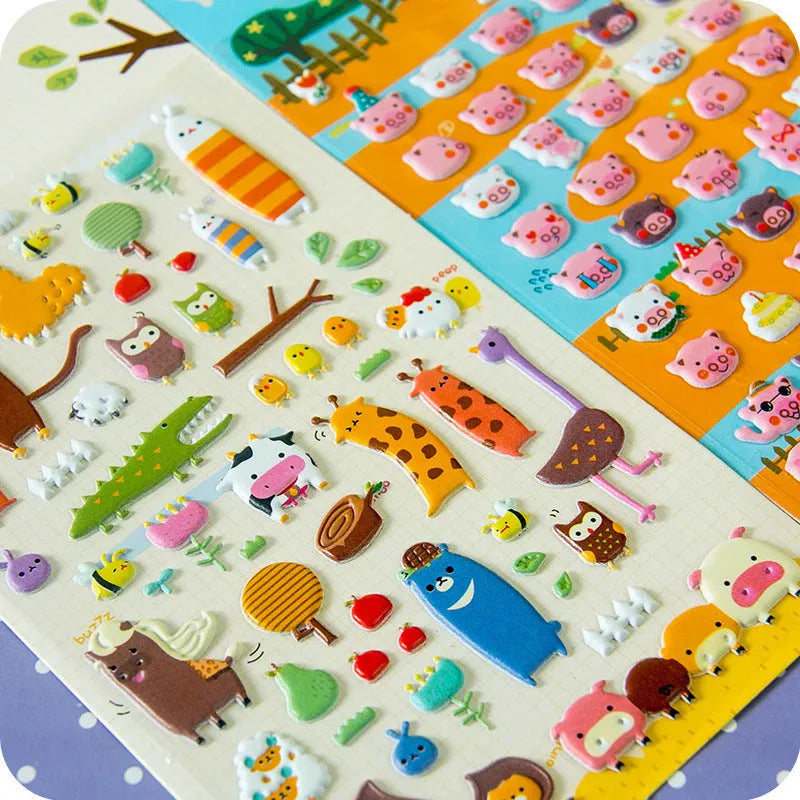 Cartoon three-dimensional bubble stickers sheet showing alpaca, forest animals, and dinosaur designs for hand account decoration