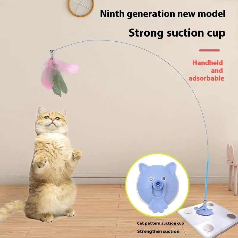 Cat teaser wand toy with suction cup holder and bell, shown in various colour and design options.