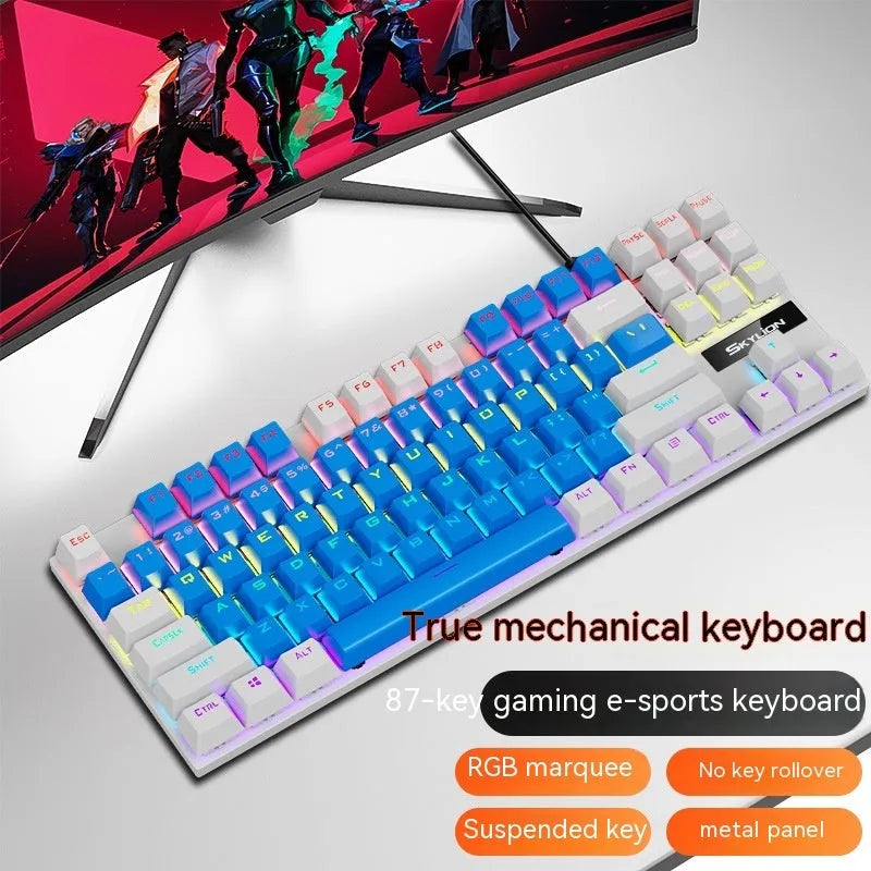 K87 mechanical wired keyboard with green or red axis switches, metal construction, and 1.4 metre cable in various colour options