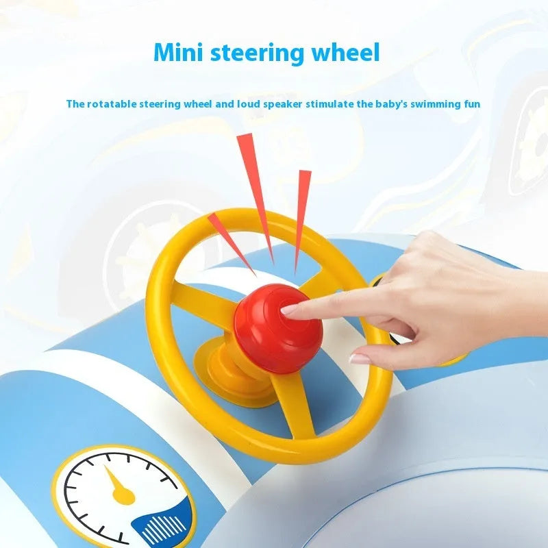 Pink inflatable car-shaped swimming ring for children with a central steering wheel.
