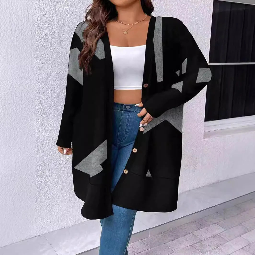 Black plus size cardigan coat with button stitching printing design on polyester fabric