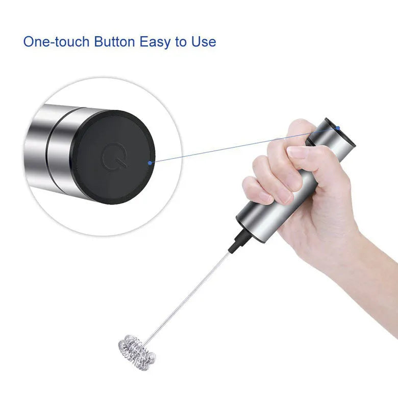 Silver handheld electric milk frother with double teat stainless steel whisk head on white background