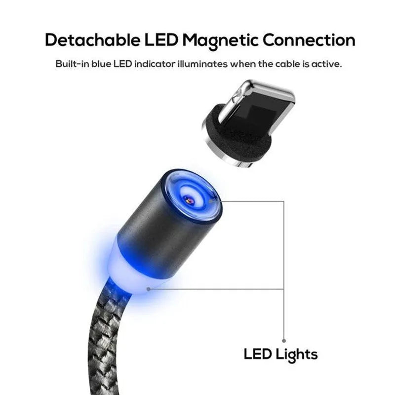 Magnetic data cable with three interchangeable plugs for Android, Apple and Type-C devices, aluminium alloy shell, fast charge at 2.1A