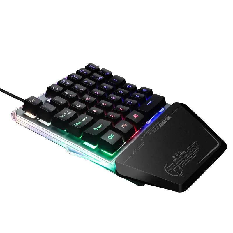 Black robotic one-handed keyboard with RGB backlit keys and a USB cable.