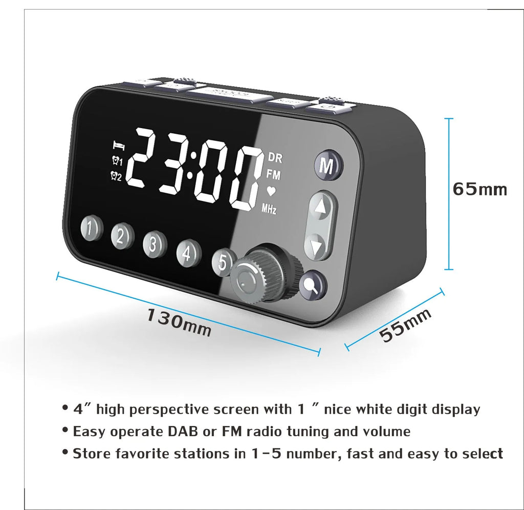 Black DAB digital radio bedside alarm clock with large LED display and USB charging ports