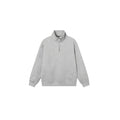 Grey unisex half-zip stand collar cotton sweater on a hanger.